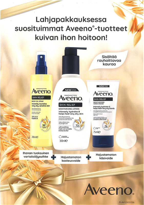 Aveeno-vartaloemulsio 300 ml ja -vartaloöljy tuoksulla 200 ml ja cica-balm kuivalle rohtuneelle iholle 50 ml.