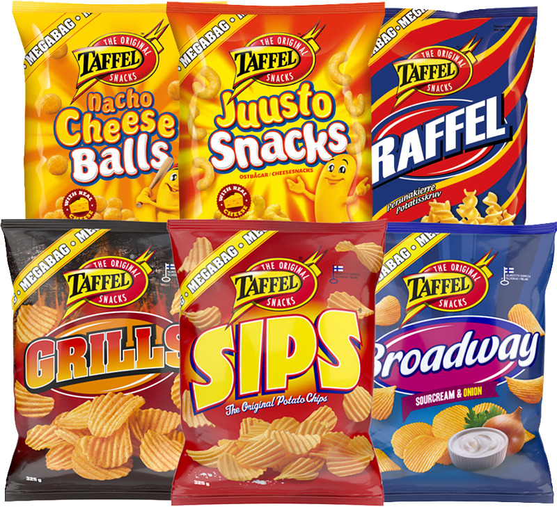 Taffel Perunalastut. Poimu Sips, Broadway, Grills, Raffel, Juusto Snacks tai Nacho Cheese Balls, 235-325 g. Max 4 kpl/talous.