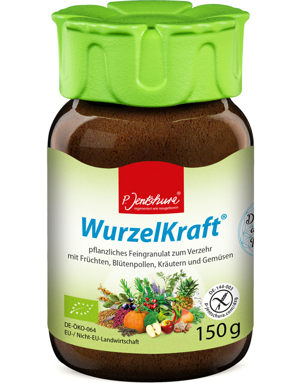 P. Jentschura Wurzelkraft 150 g. Hedelmiä, siitepölyä, yrttejä ja vihanneksia sisältävä ravintorouhe. Ei lisättyä sokeria. Gluteeniton ja laktoositon. Puhdas luonnontuote. Lluomu. Ainutlaatuinen, harmoninen, katkeranmakea maku.
