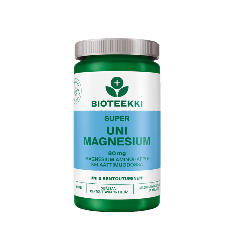 Bioteekin Super Uni Magnesium on monipuolinen ja tehokas ravintolisä, joka yhdistää magnesiumin ja yrttien hyödyt laadukkaan unen tavoittamiseksi.  