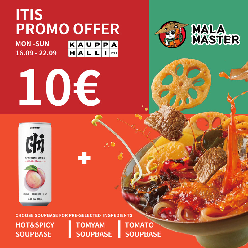 Malamaster Promo: Enjoy a meal for just €10 and come along with a 330ml Chi Forest drink for free! The meal options (ingredients) are set, but customers can choose from three soup bases: Mala, Tom Yum, or Tomato.