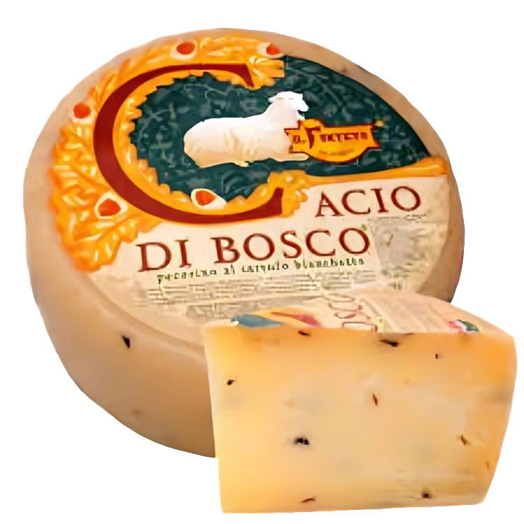  Cacio di Bosco al Tartufo Cheese features large flecks of dark truffles scattered throughout the cheese. The sweet, nutty, buttery, slightly sour flavours of the cheese are complimented beautifully with the strong, earthy taste and aroma of the truffles.