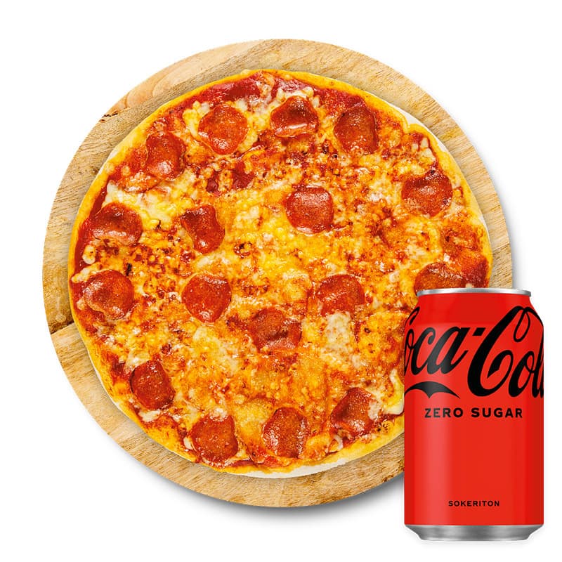 Normaalikokoinen pizza tarjoushintaan ja 0,33 l cola zero tölkki kaupan päälle. Saatavana myös gluteenittomalla pohjalla +3,-.