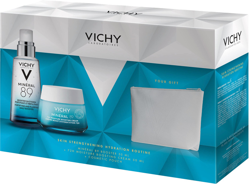 Vichy Minéral 89 Daily Booster 50 ml: nestemäinen tehotiiviste kaikille ihotyypeille ja Vichy Minéral 89 72H Moisture Cream 50 ml: tehokosteuttava kasvovoide. Hajusteettomat tuotteet kosmetiikkapussissa.