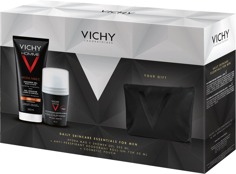 Vichy Homme Daily Skincare Essentials -lahjapakkaus sisältää raikkaan suihkugeelin sekä antiperspirantin, joka antaa 72 tunnin suojan hikoilua vastaan. Mukana tyylikäs musta kosmetiikkalaukku. 