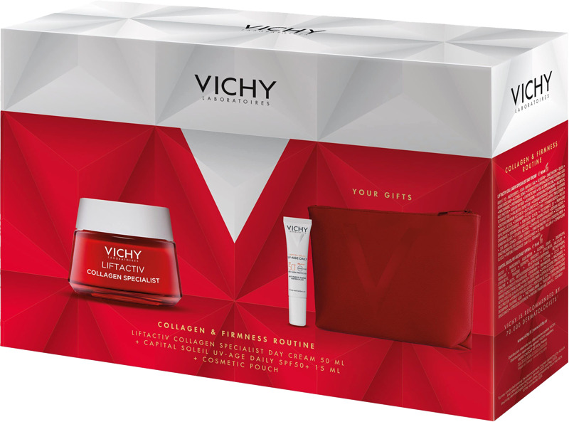 Vichy Liftactiv Collagen Specialist anti-age -hoitovoide 50 ml sekä Vichy Capital Soleil UV Age Daily SPF50+ -aurinkosuojavoide 15 ml kauniissa meikkipussissa edulliseen yhteishintaan.