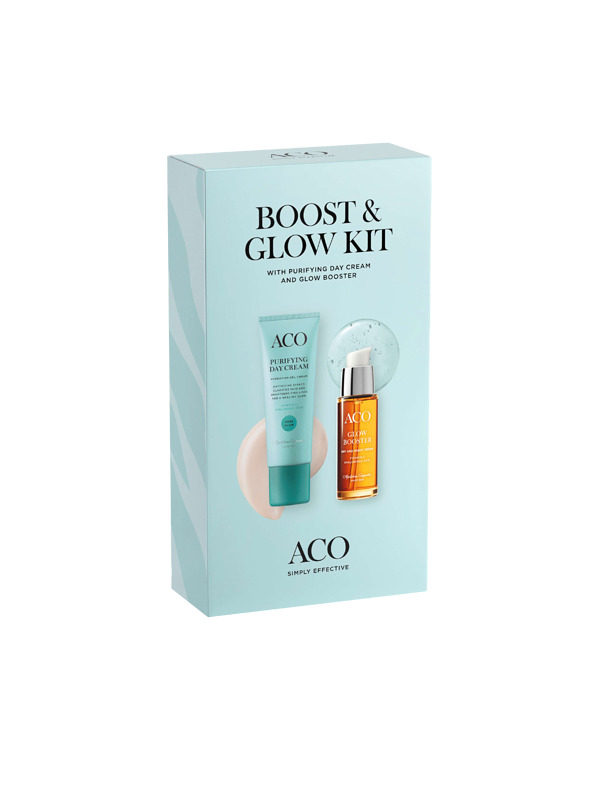 ACO Face Boost & Glow Kit 50 ml + 30 ml lahjapakkaus sisältää luonnollista hehkua antavan, tehokkaan Glow Vitamin C Booster 30 ml C-vitamiiniseerumin sekä raikkaan kevyen Pure Glow Purifying Face Cream 50 ml geelivoiteen.