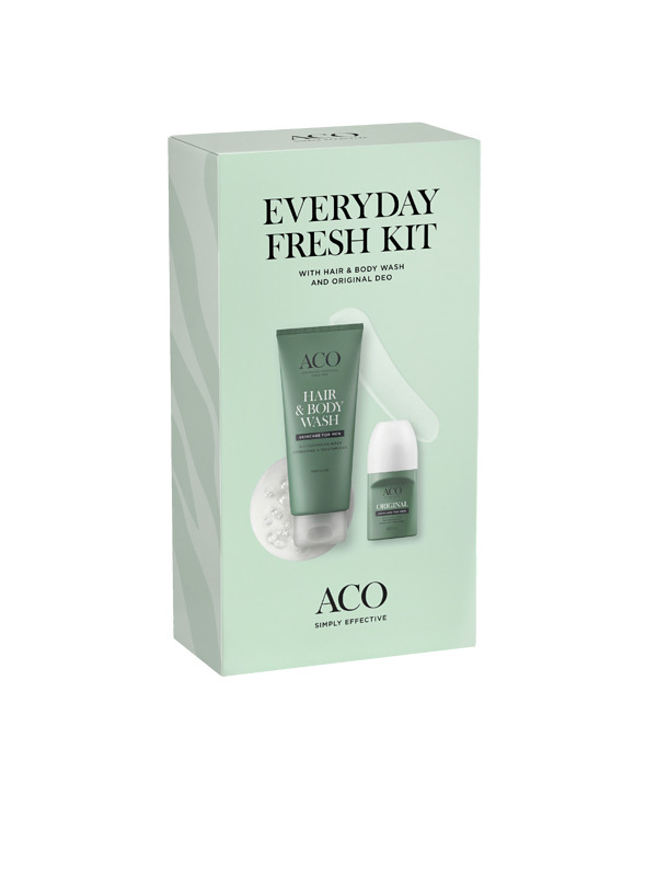  ACO For Men Everyday Fresh Kit lahjapakkaus 200 ml + 50 ml sisältää virkistävän Men Hair & Body Wash 200 ml suihkugeelin sekä tehokkaan herkällekin iholle sopivan Men Original Deo 50 ml roll-on antiperspirantin. Rajoitettu erä.