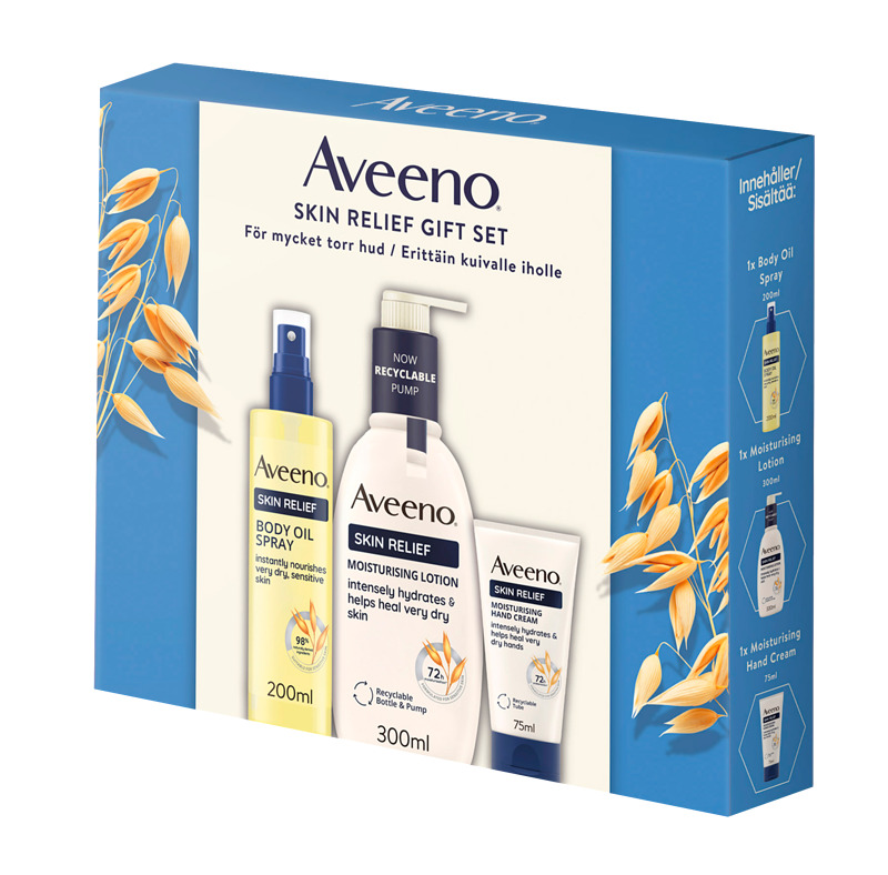 Aveeno Skin Relief Moisturising Lotion -vartalovoide 300 ml. Aveeno Skin Relief Body Oil Spray -vartaloöljysuihke 200 ml. Aveeno Skin Relief Moisturising Hand Cream -käsivoide 75 ml. 