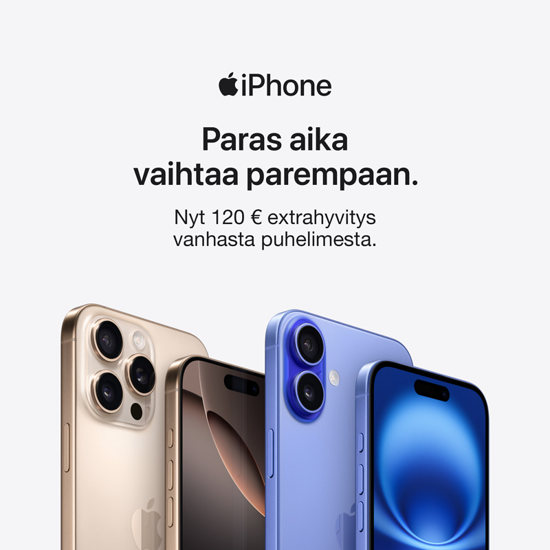 C&C tarjoaa normaalin hyvityshinnan lisäksi 120 € extrahyvityksen vanhasta toimivasta puhelimesta iPhone 16-sarjan ostajalle.

Katso hinta-arvio vanhasta laitteesta <a href="https://cec.fi/trade-in">>></a>