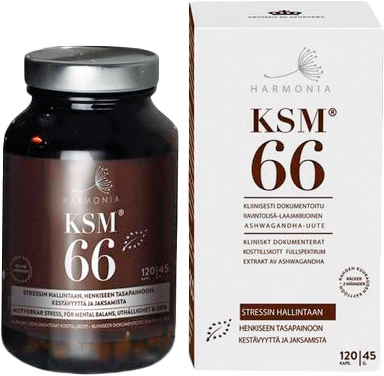 Harmonia KSM66 edistää henkistä tasapainoa, jaksamista ja toimintakykyä sekä nukahtamista ja unen laatua.

Harmonia KSM66-ashwagandha parantaa kehon vastustuskykyä stressiin! Liiallinen stressi voi viedä ilon elämästä. Kun stressinsä saa lievenemään, elämänlaatu paranee.

Kun altistumme stressille, stressihormoniksikin kutsutun kortisolin tuotanto elimistössä häiriintyy. Tutkitusti tehokas Harmonia KSM66 -ashwagandha helpottaa stressin oireita ja tukee tunne-elämän tasapainoa. Stressin lievittyessä energiatasot normalisoituvat, keho rauhoittuu ja elämänhallinta paranee.