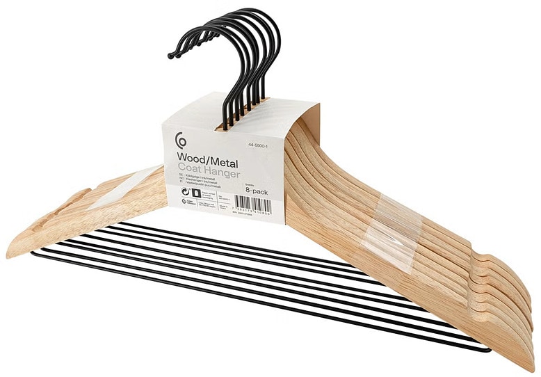 Tyylikäs ja tukeva henkari puuta ja metallia – saatavana useita värejä. Mitat 43,5 x 1,0 x 21 cm. 8 kpl:n pakkaus.
