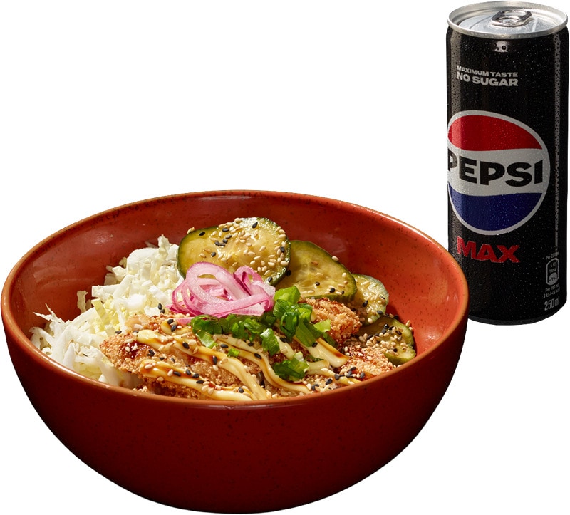 Chicken katsu tai Spicy chicken katsu sekä 0,25 l Pepsi Max.