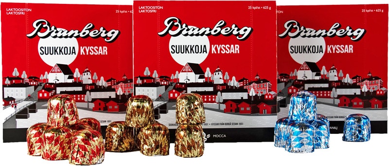 Iso erä Vanilja-, Mansikka- ja Mocca-suukkoja.