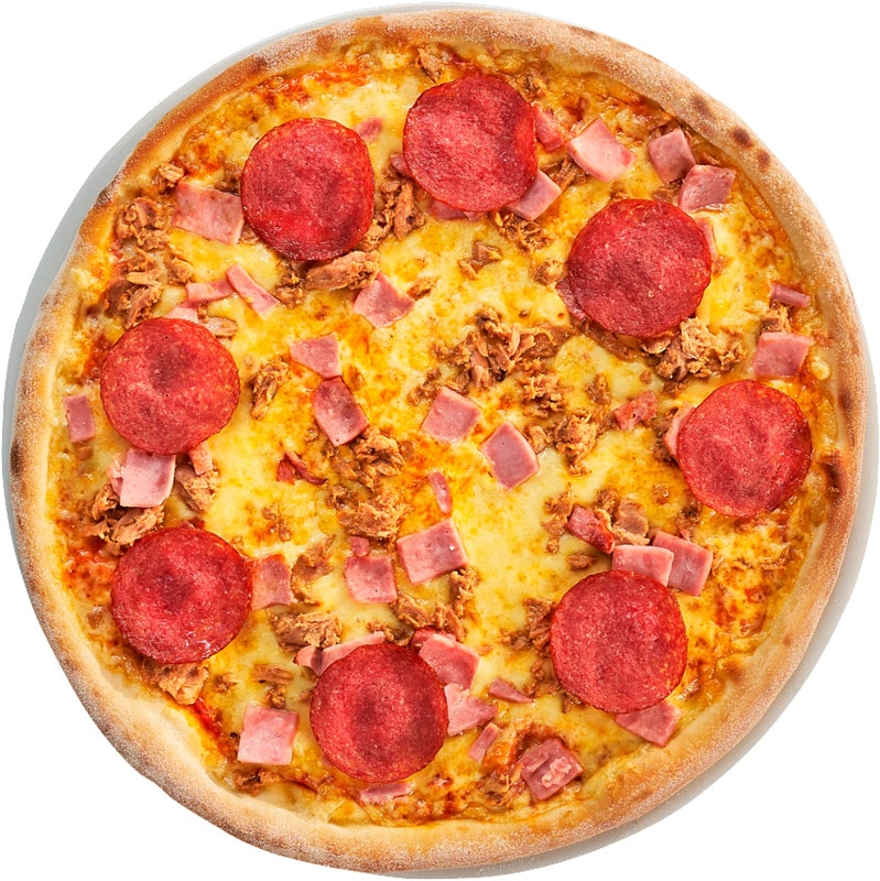 Suomen suosituin pizza. Kinkku, tonnikala, salami + juoma ja dippi.