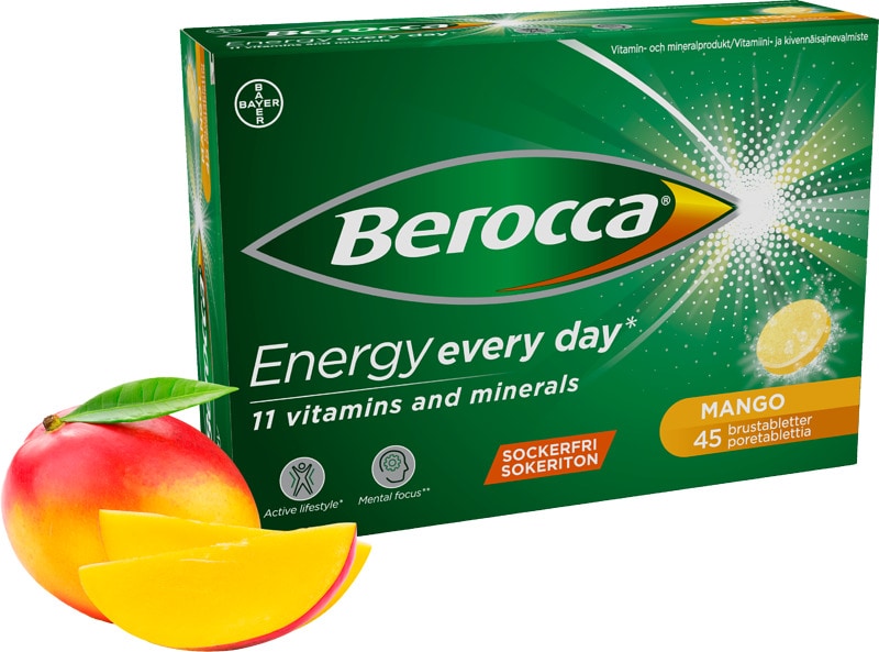 Berocca Energy Mango tai Berocca Energy Orange 45 kpl nyt 19,90 € ja kaupan päälle Berocca Immunity 15 kpl. Tuotteita saatavilla rajoitettu erä.