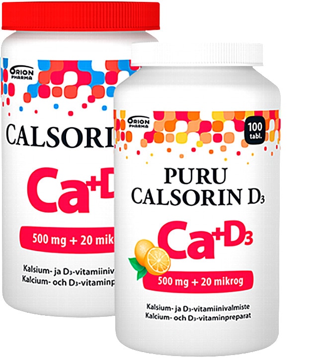 Calsorin ja Puru Calsorin D3 500 mg + 20 mikrog sisältävät kalsiumia sekä sen imeytymistä tehostavaa D3-vitamiinia. Valitse helposti nieltävä tabletti tai appelsiininmakuinen purutabletti. Tarjous voimassa niin kauan kuin tuotetta riittää.