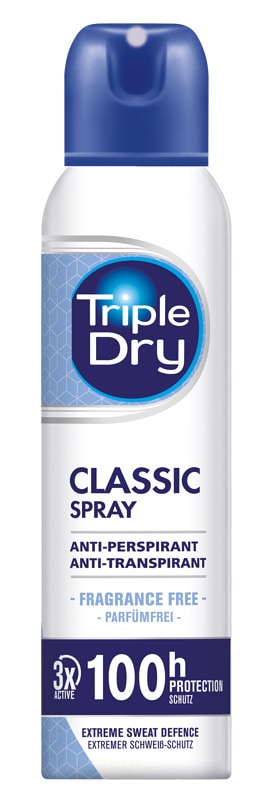 Triple dry spray on antibakteerinen, alkoholiton sekä tuoksuton. Tuote sopii normaaliin tai voimakkaaseen hikoiluun kaikille ja antaa pitkäkestoista suojaa hikoilua vastaan.