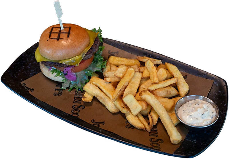 Talon Vegaaniburger. Tarjoillaan ranujen ja dipin kera.
