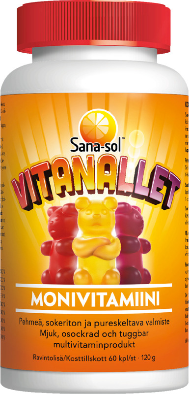 Sana-sol Vitanallet on hyvänmakuinen ja sokeriton päivittäinen monivitamiinilisä pehmeässä ja pureskeltavassa muodossa. Sisältää yhdeksän elimistölle välttämätöntä vitamiinia: A-, D-, E- ja C-vitamiineja sekä viittä B-vitamiinia. Pakkaus sisältää kolmea eriväristä Vitanallea. Makuina vadelma, appelsiini ja mustikka. Maista, mikä on sinun suosikkisi.
