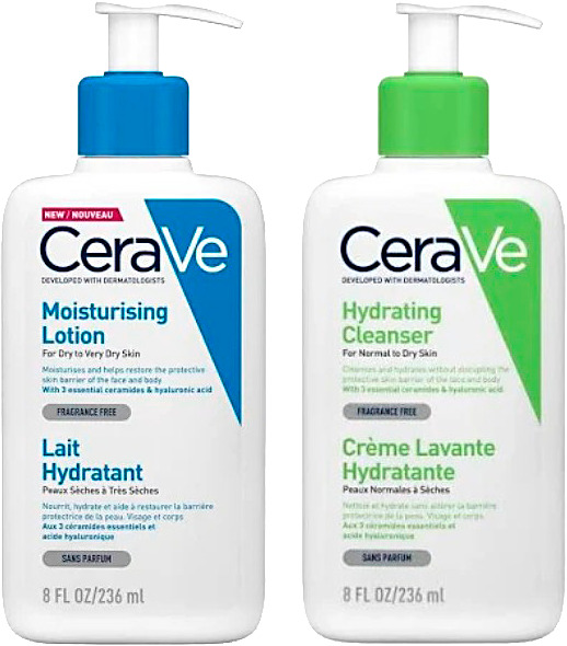 CeraVe Hydrating Cleanser 236 ml puhdistus ja Moisturising Lotion 236 ml kevyt kosteusvoide.