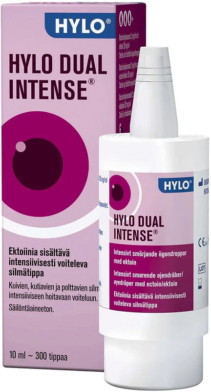 Säilöntäaineettomat Hylo Dual Intense -silmätipat erittäin kuiville ja ärtyneille silmille. Silmätipat sisältää hyaluronihappoa ja ektoiinia, joka lievittää tulehduksellisia oireita kuten kutinaa, kuivuutta ja poltetta pitkäkestoisesti. Intensiivisesti voitelevat silmätipat kosteuttavat kuivia ja vuotavia silmiä tehokkaasti ja tasapainottavat kyynelkalvoja. 