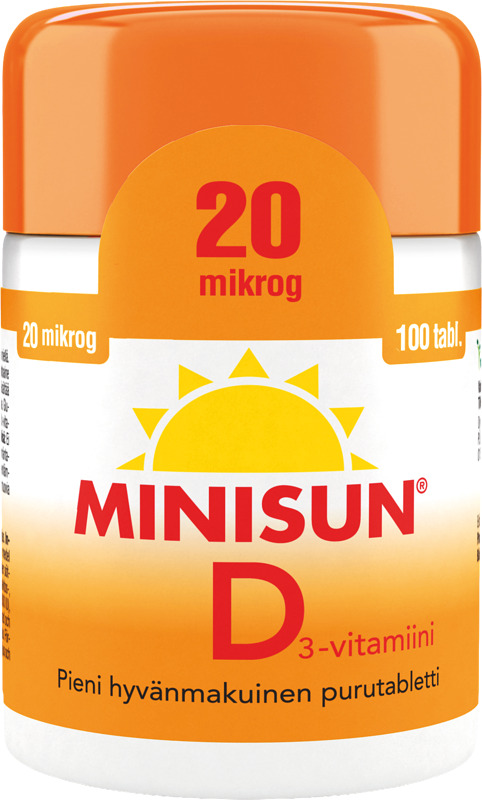  Minisun sisältää tehokkaasti imeytyvää D3-vitamiinia, ja sen tehosta ja imeytymisestä on tutkimusnäyttöä. Annostelu on helppoa. Yksi pieni purutabletti päivässä riittää. Minisun 20 mikrogrammaa sopii nuorille ja aikuisille tehostettuun päivittäiseen käyttöön.