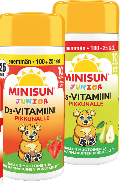 Kampanjapakkaus, päärynän- tai mansikanmakuinen ja nallen muotoinen D-vitamiinivalmiste lapsille. Minisun Junior Nalle D-vitamiini tukee lapsen luuston, hampaiden ja lihasten normaalia kasvua sekä vahvistaa vastustuskykyä. Hyvänmakuinen purutabletti sisältää hyvin imeytyvää D3-vitamiinia 10 mikrogrammaa. Laktoositon, gluteeniton, hiivaton, soijaton ja liivatteeton.