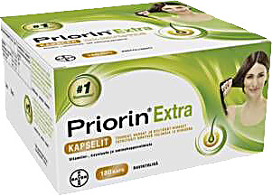 Priorin Extra tukee hiusten hyvinvointia, sisältää  mm. biotiinia, tärkeää ravintoainetta, joka edistää hiusten pysymistä normaaleina.
