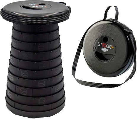 Kevyt, kokoontaitettava retkijakkara kulkee hihnassa olallasi. Istuinkorkeus 7–24 cm, kantavuus 150 kg.