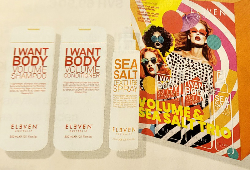 Eleven Australia trio 300 ml, Volume-shampoo ja -hoitoaine 200 ml sekä suolaspray.

