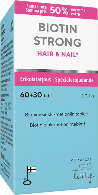 Biotin Strong Hair & Nail -tableteissa on hiuksille ja kynsille biotiinia, rikkiä sisältävää metioniini-aminohappoa ja sinkkiä. Kampanjapakkaus tarjoushintaan.