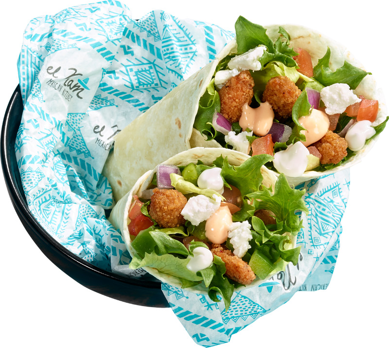 Sisältää mm. tex mex -paneroituja soijatikkuja, fetajuustoa, sriracha- ja naturel-majoneeseja & salsaa.