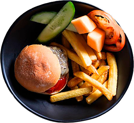 Slider-kokoinen hampurilainen, juustoa, ketsuppia ja valinnan mukainen lisuke & kurkkumajoneesidippi.