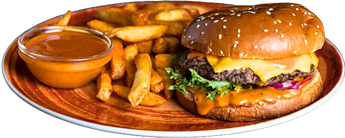 Burgerpihvi, cheddar, Panchon remua, salaattia, sipulia, valitsemasi lisuke & perunoilla dippi.