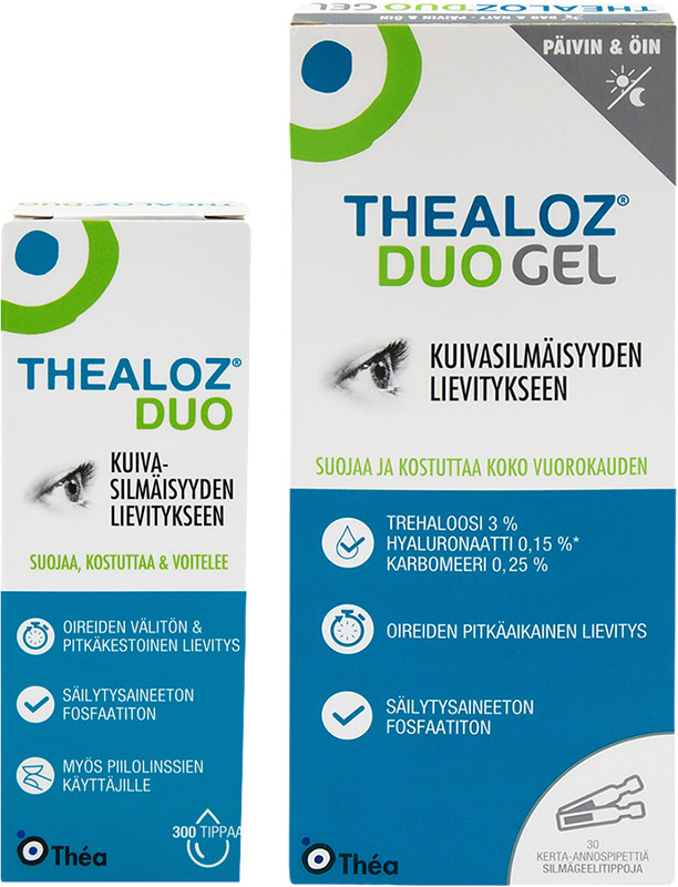 Kuivasilmäisyyden hoitoon Thealoz Duo 10 ml + Thealoz Duo Gel 30 x 0,4 g nyt yhteishintaan.