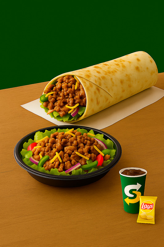 Taco Beef Wrap ja Salad. Mausteista naudanlihaa, kasviksia, kastike.