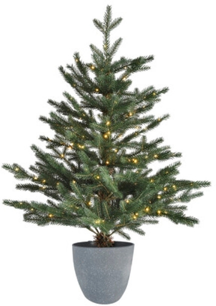 Pienen kuusen korkeus on 90 cm ja alaosan halkaisija 60 cm. 3 metrin johto, jossa muuntaja, IP44.