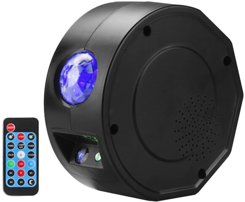 Akkukäyttöinen, pyörivä valaisin, joka heijastaa galaksia muistuttavan kuvion seinälle.