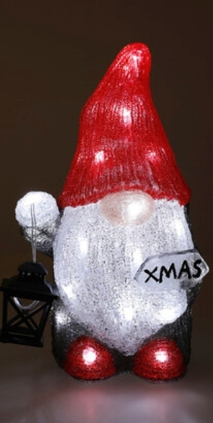 Paristokäyttöinen LED-valaistu tonttu – kaunis koristevalaisin pihalle, parvekkeelle tai eteiseen. Korkeus: 30,5 cm.