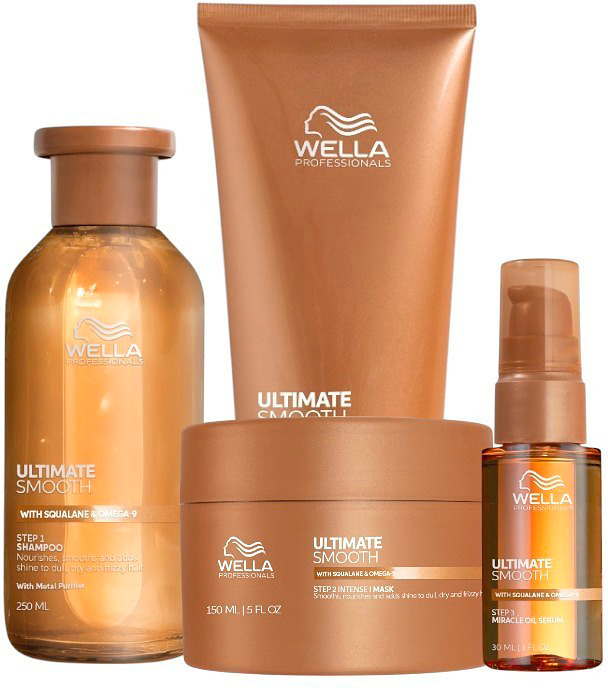 Kosteuttava ja kiiltoa tuova Wellan Ultimate Repair -tuotesarja.