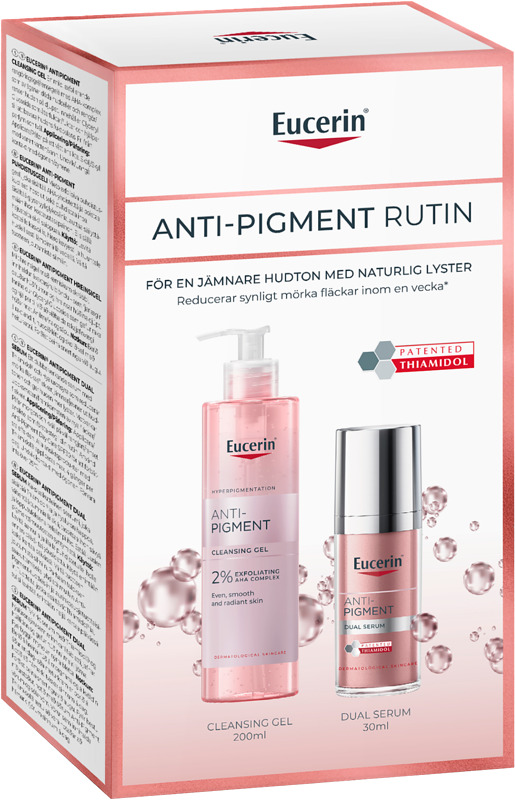 Eucerin Anti-Pigment Cleansing Gel & Dual Serum -lahjapakkaus sisältää tehokkaan puhdistusgeelin ja kaksivaikutteisen seerumin pigmenttimuutosten hoitoon ja ihon sävyn tasoittamiseen.