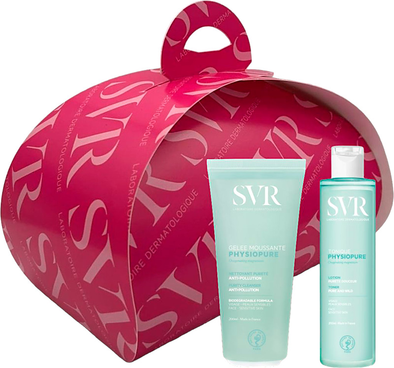 SVR Physiopure Gel Mousse on kasvojen puhdistusgeeli, joka puhdistaa ihon kuivattamatta sitä ja Physiopure Tonique -kasvovesi sopii kaikille ihotyypeille, jopa kaikkein herkimmille, mieto tuoksu.