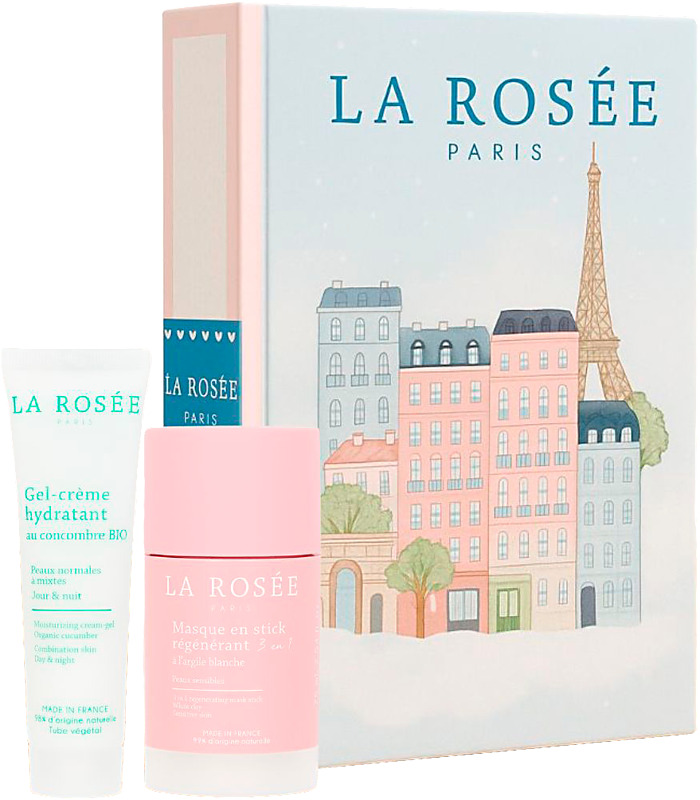 Lahjapakkauksessa La Rosée Gel-Cream kosteuttava geelivoide 60 ml sekä 3-in-1 Regenerating Mask Stick on innovatiivinen kasvonaamiopuikko, joka puhdistaa, detoxifioi ja uudistaa ihoa. 