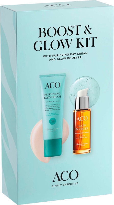 Lahjapakkauksessa on mukana ihoa heleyttävä ja C-vitamiinia sisältävä Glow Booster 30 ml sekä ihon epäpuhtauksia ja ikääntymisen merkkejä vähentävä Aco Purifying Day Cream 50 ml. 