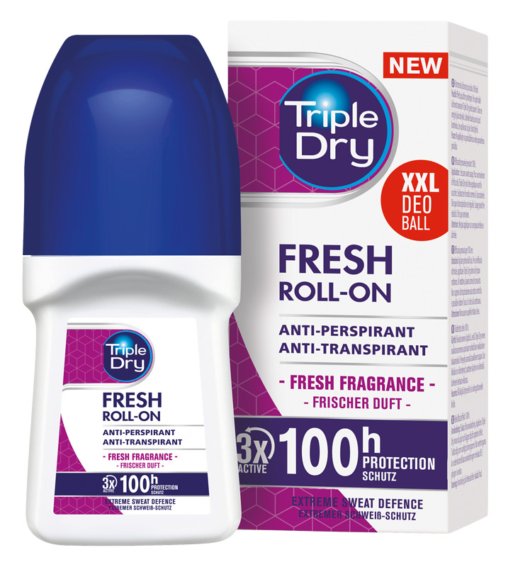 TripleDry-antiperspirantti liiallista hikoilua vastaan. Sen kliinisesti todistettu kolminkertainen aktiivinen koostumus tarjoaa jopa 100 tunnin suojan. Raikas tuoksu tai tuoksuton. 