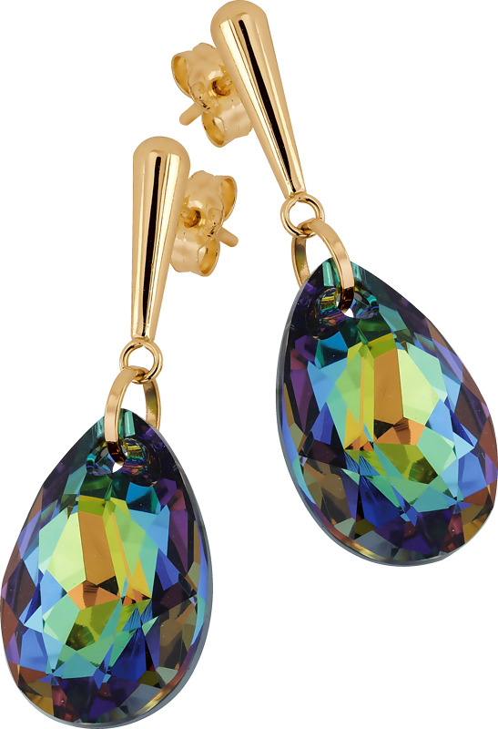 14 karaatin keltakultaiset roikkuvat korvakorut, joissa säihkyvät 16 mm pisaranmuotoiset kristallit.