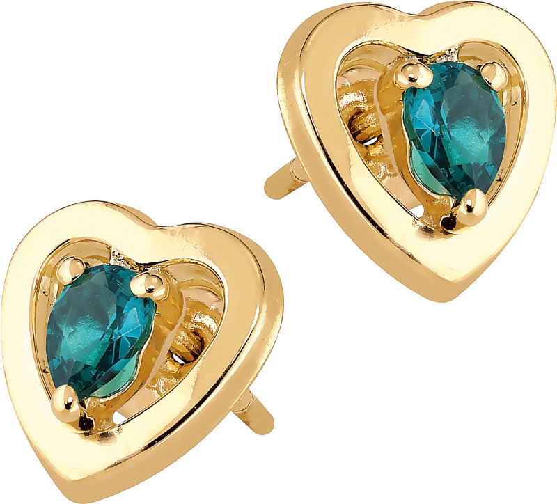 14K keltakultaiset sydänkorvakorut, joiden keskellä on vihreä zirkonia. Siroissa korvakoruissa on tappikiinnitys. Korun korkeus noin 8 mm. Saatavilla myös punaisella ja sinisellä keskikivellä. 