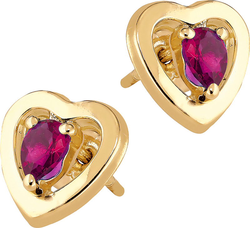 14K keltakultaiset sydänkorvakorut, joiden keskellä on punaiset zirkoniat. Siroissa korvakoruissa on tappikiinnitys. Korun korkeus noin 8 mm. Saatavilla myös sinisellä ja vihreällä keskikivellä.. 