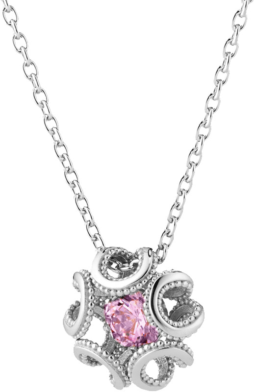 Elegantti yhdistelmä viktoriaanisen ajan koristeellisuutta ja modernia muotoilua. Kaulakorun riipusta koristaa keskelle asetettu vaaleanpunainen zirkonia. Ketju 45/50 cm.